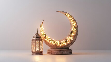 Illuminated crescent moon, lantern, festive background, Ramadan celebration, greeting card. Generative ai