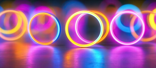 Vibrant neon circles in pink, blue, and yellow glow against a dark background, create a captivating scene inviting creativity and imagination.