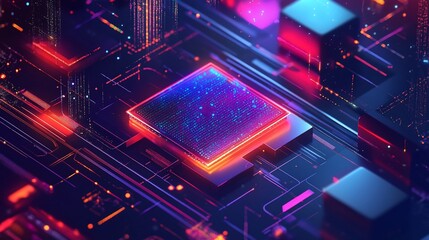 Futuristic chip glowing on circuit board; abstract digital background; tech concept; website header