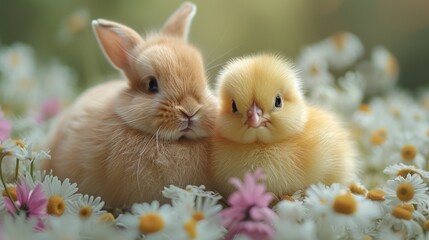 Tender moment when fluffy ginger bunny cuddles with a yellow chick among white daisies