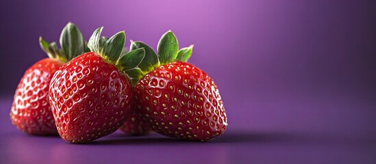Vibrant ripe strawberries positioned against a rich lilac background with ample copy space for creative usage showcasing freshness and color.