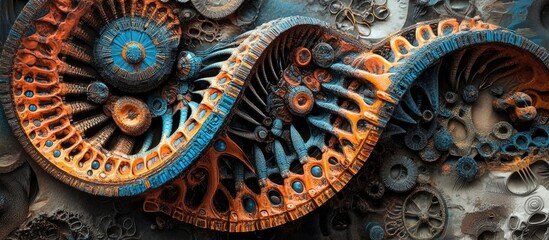 Futuristic DNA double helix in vibrant orange and blue hues, intertwining with intricate metallic gears, symbolizing science and technology fusion.