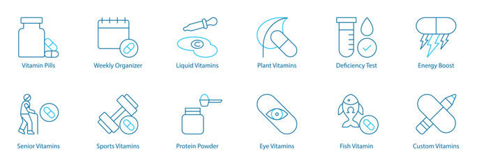 Health and Performance Supplements Vector Icon Set – Vitamin Pills, Weekly Organizer, Liquid and Plant-Based Vitamins, Deficiency Test, Energy Boost, Senior and Sports Nutrition, Protein Powder 