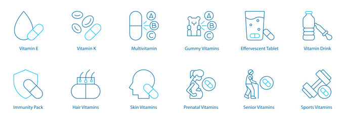 Health and Daily Nutrition Vector Icon Set – Vitamin E, K, Multivitamin, Gummy and Effervescent Tablets, Vitamin Drink, Immunity Pack, Hair and Skin Vitamins, Prenatal, Senior and Sports Nutrition