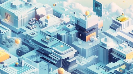 Fototapeta premium A cityscape with buildings and a large yellow object in the sky. The buildings are white and the sky is blue