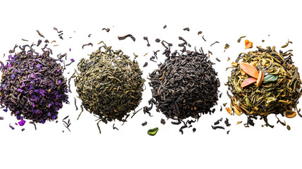Fototapeta premium Assorted loose leaf tea blends isolated on a transparent background, organic herbal and black tea selection