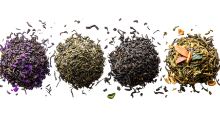 Assorted loose leaf tea blends isolated on a transparent background, organic herbal and black tea selection