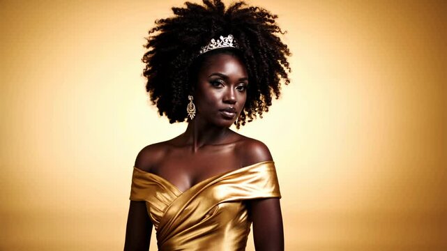 Elegant young woman in shimmering golden gown with tiara against a soft golden background
