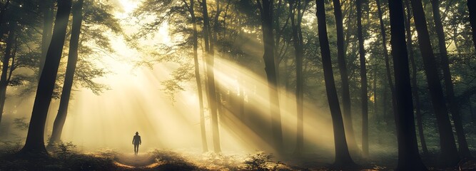 A person walking alone in a misty forest, surrounded by towering trees with sunbeams breaking through