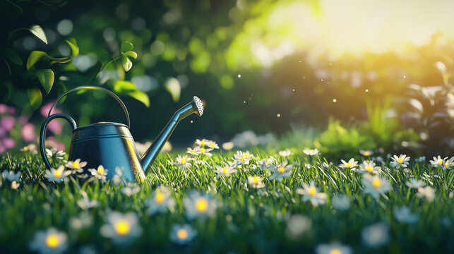 Metal watering can in green countryside flowers garden. Green spring summer background