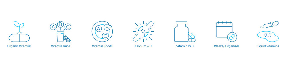 Organic Nutrition and Vitamin Essentials Vector Icon Set – Organic Vitamins, Vitamin Juice, Nutrient Rich Foods, Calcium plus D, Pills, Weekly Organizer, Liquid Supplements