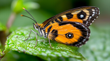 Fototapeta premium Orange butterfly on green leaf, garden background, nature close-up