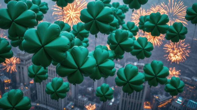 Dozens of clover shaped balloons fly high above the city celebrating St Patrick's Day on the 17th of March