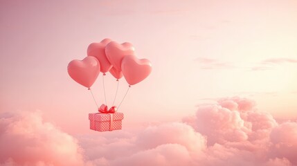 Fototapeta premium A Box flying on a parachute with pink cloud in valentine day,package flying down from sky and cloud with parachute, concept for delivery service,shopping online,air delivery service.