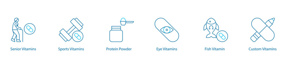 Essential Health Performance Vector Icon Set – Senior Sports Vitamins, Protein Powder, Eye Care, Fish Vitamin, Custom Supplements