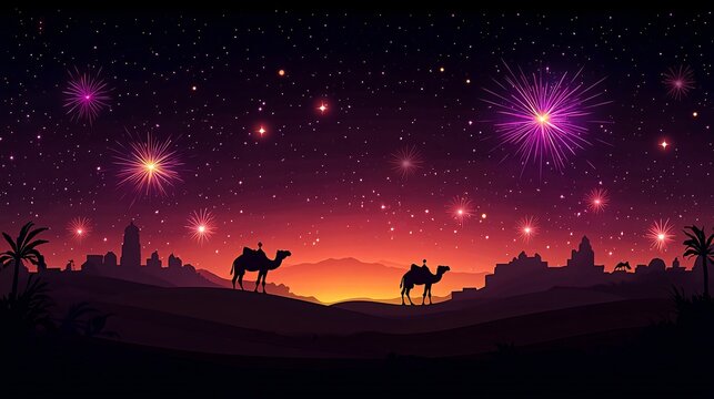 Desert sunset fireworks camels. night illustration is better than a thousand months or the night of Laylatul Qodar. Generative ai