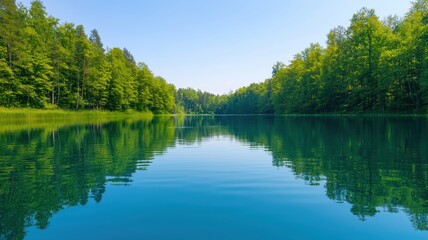 World water day with conservation and supply idea. Serene lake surrounded by lush green trees under clear blue sky.