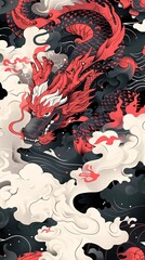 Obraz premium Fiery Red Dragon Amidst Clouds; Asian Mythology Art; Phone Wallpaper. Generative ai