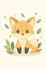 Obraz premium Cute fox sitting amidst leaves; nature background; kids' book illustration