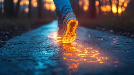 A person's hands and feet leave radiant light trails on the ground, as if walking through a dreamlike world