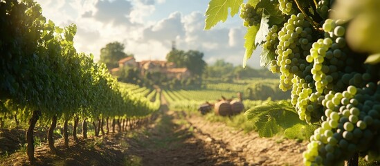 Vibrant green vineyard rows with lush grape clusters in foreground, sunshine illuminating a charming farmstead in background on a clear day.