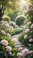 Fototapeta premium Dreamy garden with soft pink flowers and lush foliage