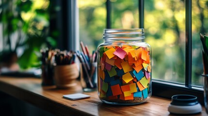 A compliment jar filled with colorful notes, some visible with compliments written on them, cozy interior, soft focus - obrazy, fototapety, plakaty