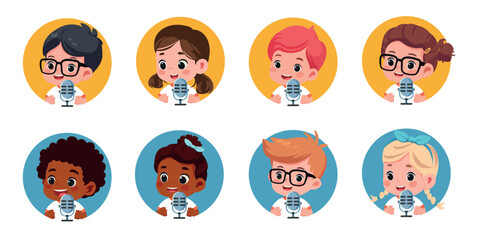 happy smiling kids speakers with microphones avatars online education icons