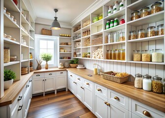 Cozy Minimalist Farmhouse Pantry: White Shelves & Wooden Countertops