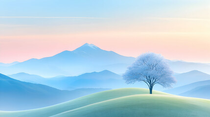 Serene sunrise, lone tree on hill, misty mountains; peaceful nature scene for meditation