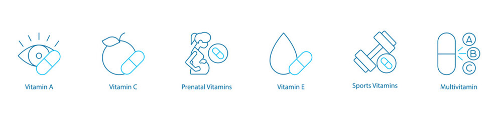 Naklejka premium Essential Vitamins Health Boost Vector Icon Set – Vitamin A, C, E, Prenatal Nutrition, Sports Supplements, Multivitamin