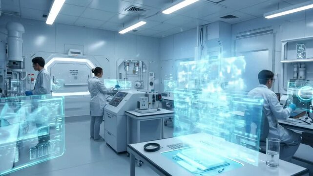 High-Tech Laboratory Scene with Scientists Interacting with Holographic Displays in a Bright