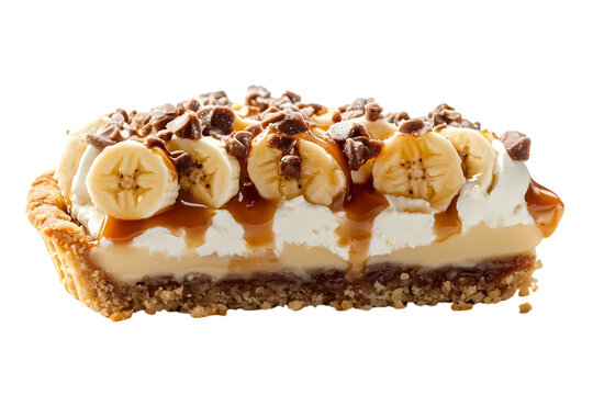 slice of banoffee pie topped with sliced bananas, whipped cream, caramel, and a crumbly biscuit base. isolated on a transparent background