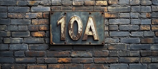 Weathered house number 10A in metallic font attached to a textured grey brick wall with hints of rust creating a unique vintage character.