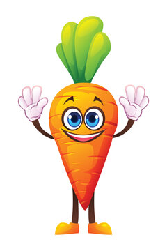 recommend clip art: Cheerful carrot character with both hands raised, smiling and excited. Vector cartoon illustration