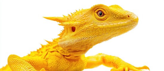 Fototapeta premium Vibrant yellow bearded dragon with intricate textures and features against a pure white background highlighting its vivid colors and details.