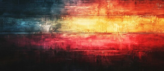 Artistic blurred flag texture on weathered wood showcasing vibrant red, yellow, and blue colors with a moody atmospheric effect and soft illumination.