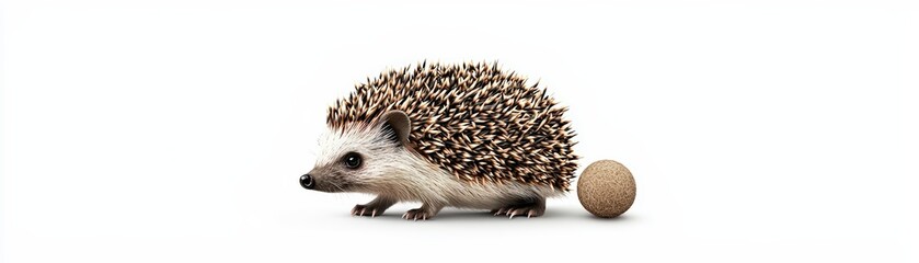 Obraz premium A cute hedgehog with spiky fur, resting beside a small round ball. Ideal for nature and animal-themed projects.