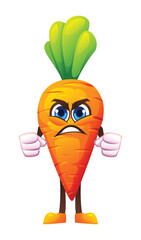 Angry carrot character with clenched fists, expressing frustration. Vector cartoon illustration