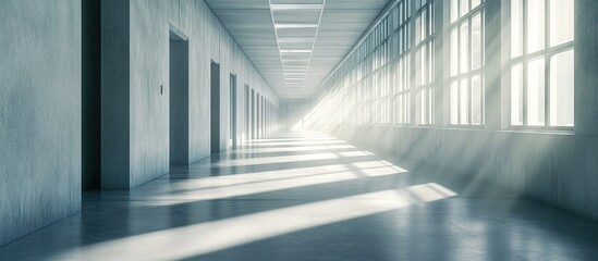 Fototapeta premium Spacious hospital corridor with bright light streaming through large windows creating a serene atmosphere with shadowed floor and walls in muted tones