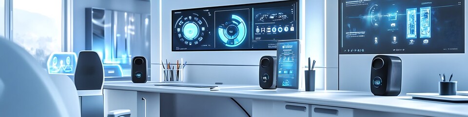 Fototapeta premium Futuristic workspace with smart speakers and interactive displays