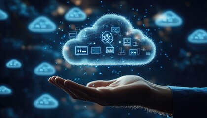 Fototapeta premium Cloud Computing Hand Holding Digital Data in a Dark Sky Environment