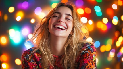 Joyful Young Woman Laughing Against A Vibrant Bokeh Background