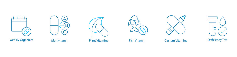 Health  Wellness Vector Icon Set – Weekly Organizer, Multivitamin, Plant   Fish Vitamins, Custom Supplements, Deficiency Test