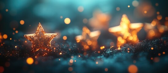 Glittering stars on dark surface, bokeh background, holiday card
