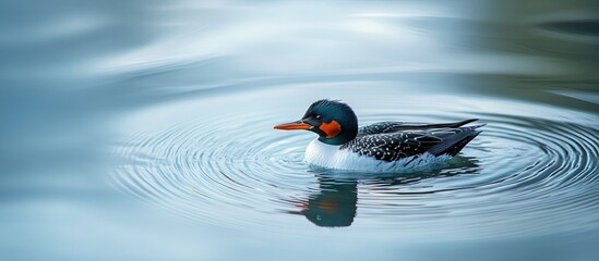 Common merganser swimming in a calm blue lake with ripples reflecting light showcasing its vibrant plumage against the serene water backdrop
