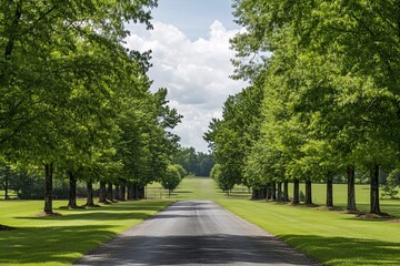 Fototapeta premium Serene Empty Country Road Framed by Lush Green Trees and Sky