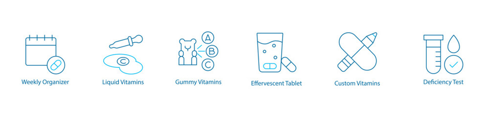 Supplement, Nutrition Vector Icon Set – Weekly Organizer, Liquid and Gummy Vitamins, Effervescent Tablet, Custom Formulas, Deficiency Test