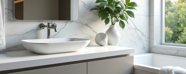 Sleek white vanity, gray marble backsplash, modern fixtures, faucet, sink