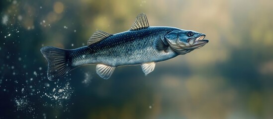 Fototapeta premium Large Mouth Bass leaping above rippling water displaying vibrant green and blue hues with a blurred natural background emphasizing its motion